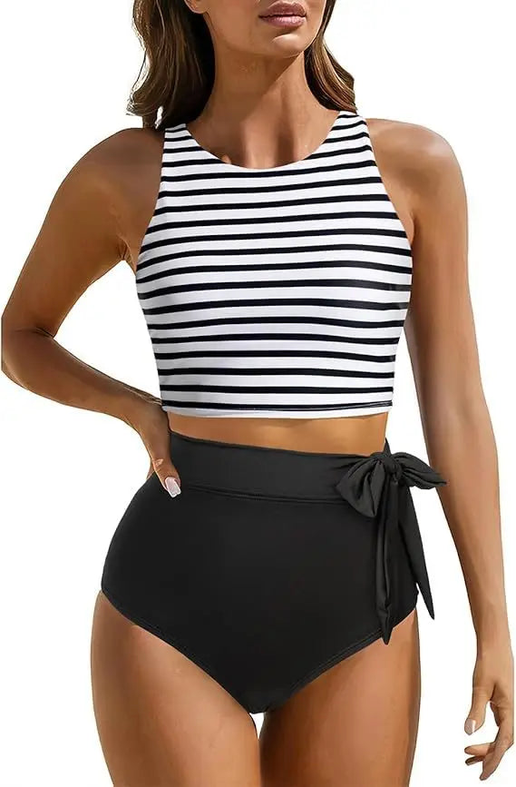Women's High Waist Bandeau Bikini Set | Solid Color Sporty Swimwear | 2-Piece