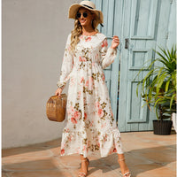 Vestido Maxi Mujer Bohemio - Manga Larga Cintura Alta Estampado Floral Chiffon Playa