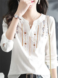 Embroidered V-Neck Blouse - White Long Sleeve Top