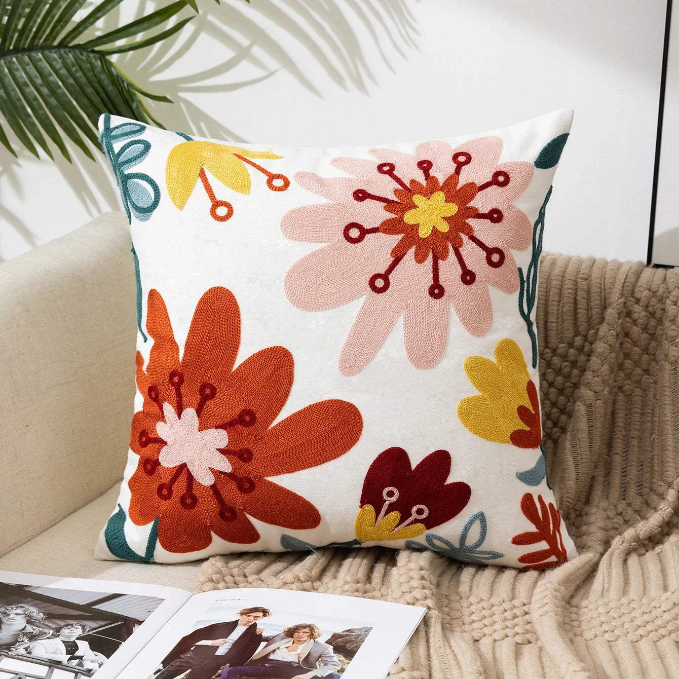 Floral Embroidered Cotton Pillow Cover - Rustic Decorative Cushion Case