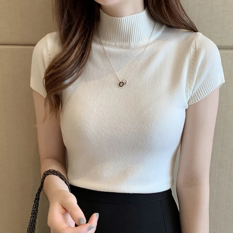Korean Knit Slim Turtleneck Blouse – Solid Short Sleeve Women's Top