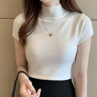 Korean Knit Slim Turtleneck Blouse – Solid Short Sleeve Women's Top