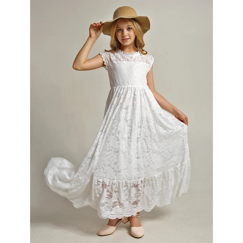 Lace Flower Applique Backless Gown – Elegant Girls' Party & Wedding Dress Ages 2–12