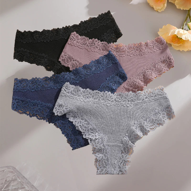 4-Pack Lace & Cotton Bikini Panties – Low-Rise, Soft & Breathable Women's Underwear