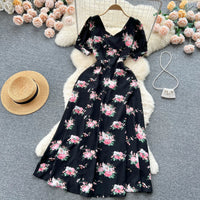 Contrast Color Print A-Line Midi Dress | Sweet High Waist Short Sleeve Women's Summer Dress