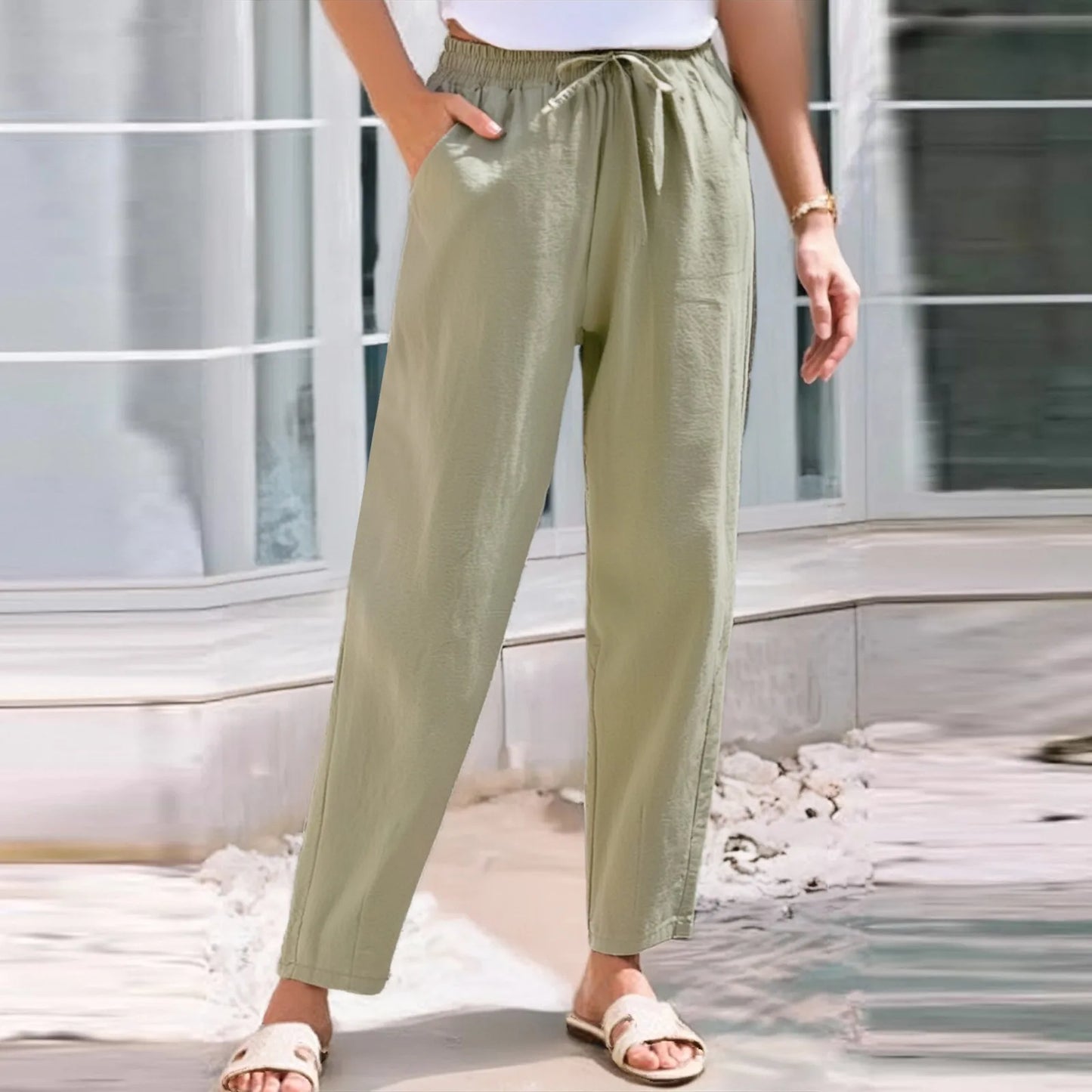 Women Cropped Pants Cotton Linen Baggy Trousers Drawstring Elastic Waist Pantalones Korean Fashion Solid Straight Pants штаны