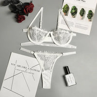 Conjunto de Lencería Bordado con Encaje - Sujetador Push Up y Braguita Transparente