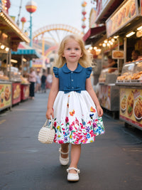 Girls Butterfly Flower Print Dress | Denim Splicing A-Line Skirt | Ages 2–10
