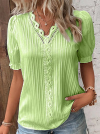 V-Neck Hollow Short Sleeve Blouse – Solid Chiffon Loose Fit Women's Top