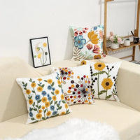 Floral Embroidered Cotton Pillow Cover - Rustic Decorative Cushion Case