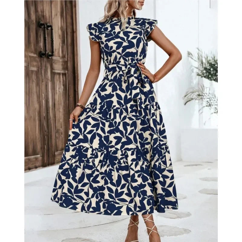 Floral Flying Sleeve Lace-Up Fairy Dress | A-Line Midi Women's Summer Dress