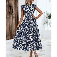 Floral Flying Sleeve Lace-Up Fairy Dress | A-Line Midi Women's Summer Dress