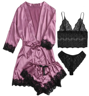 Conjunto Pijama Sexy 4 Piezas con Encaje - Camisola, Shorts, Bata y Lencería Mujer