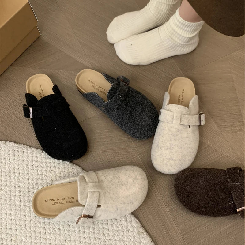 Pantuflas de Fieltro con Base de Corcho para Mujer - Zuecos Cerrados Cálidos con Forro de Felpa