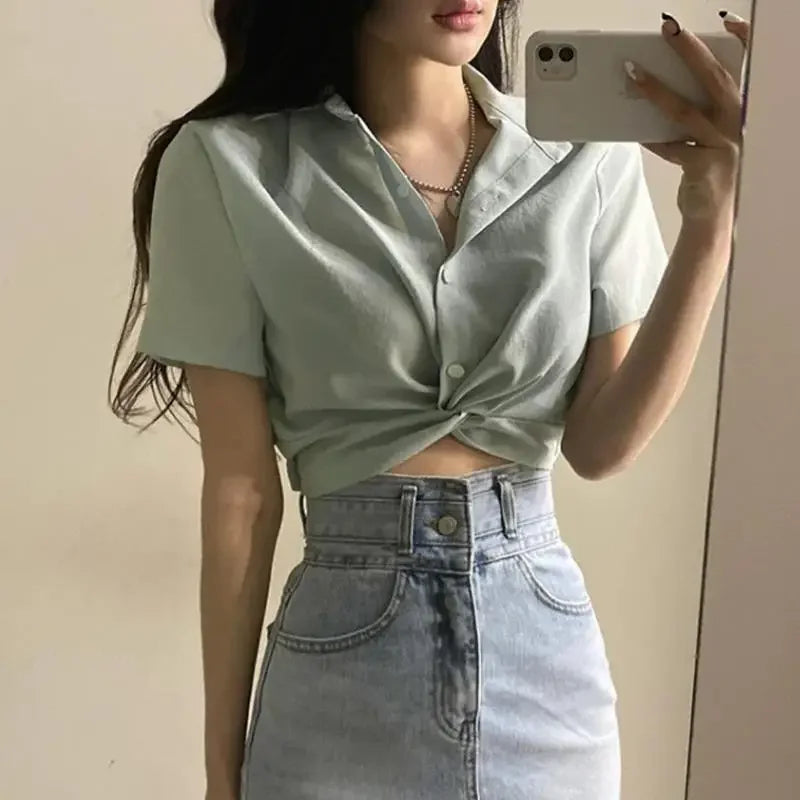 Cross-Front Turn-Down Collar Crop Blouse – Korean Chic Slim Fit Women's Summer Top
