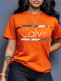 Women's Calvin Letter Print T-Shirt | Casual Crew Neck