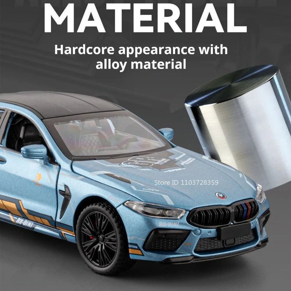 Modelo Auto BMW M8/M4 1:32 Aleación Diecast - Puertas Abren, Luz, Sonido y Pull Back Regalo Niños