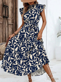 Floral Flying Sleeve Lace-Up Midi Dress | Elegant A-Line Empire Waist Women's Summer Dress