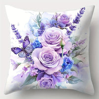 Purple Rose & Butterfly Pillow Cover Set of 4 | Floral Printed Cotton Cushion Cases