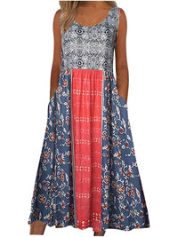 Bohemian Floral Sleeveless Midi Sundress with Pockets | Loose Casual Beach Women's Dress