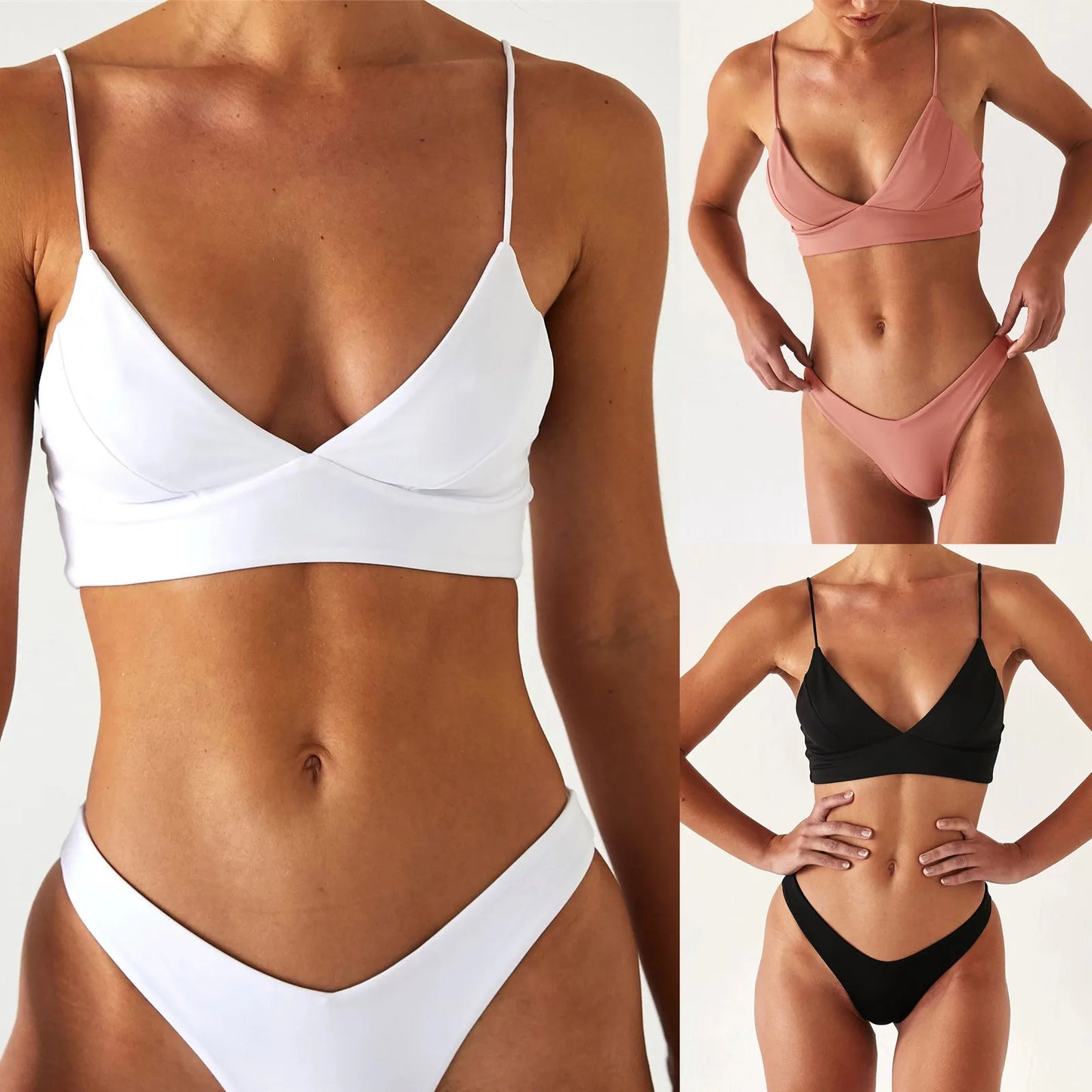 Bikini Push Up de Color Sólido - Conjunto de Dos Piezas con Talle Alto