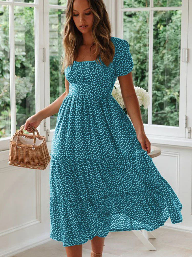Floral Square Collar Puff Sleeve Midi Dress | A-Line Ruffle Women's Summer Party Dress