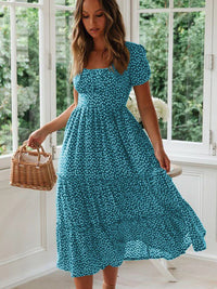 Floral Square Collar Puff Sleeve Midi Dress | A-Line Ruffle Women's Summer Party Dress
