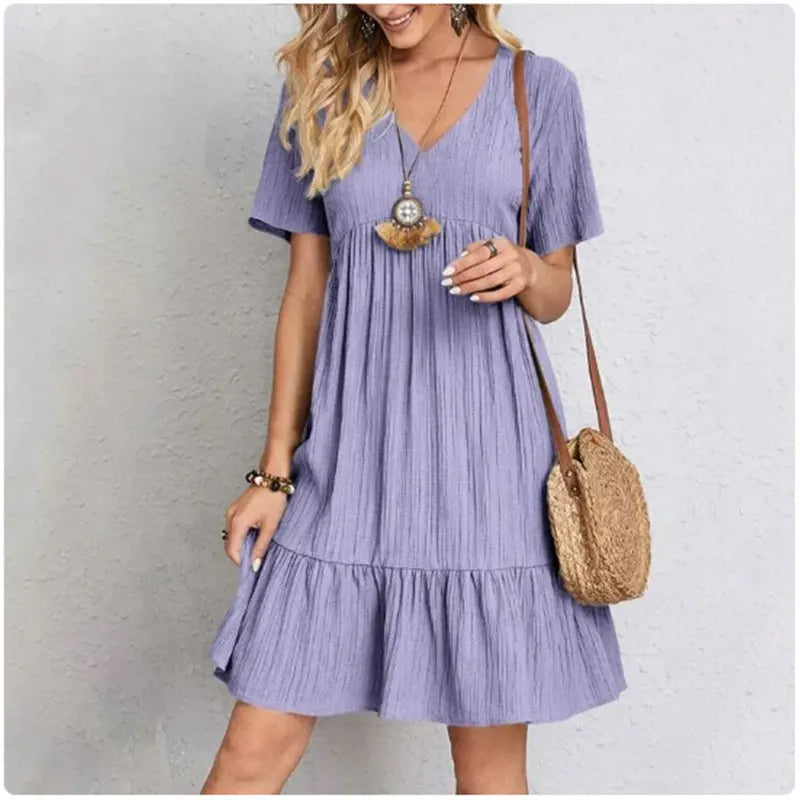Vestido Peplum Mujer Verano - Cuello V Manga Corta con Volantes Cintura Suelta