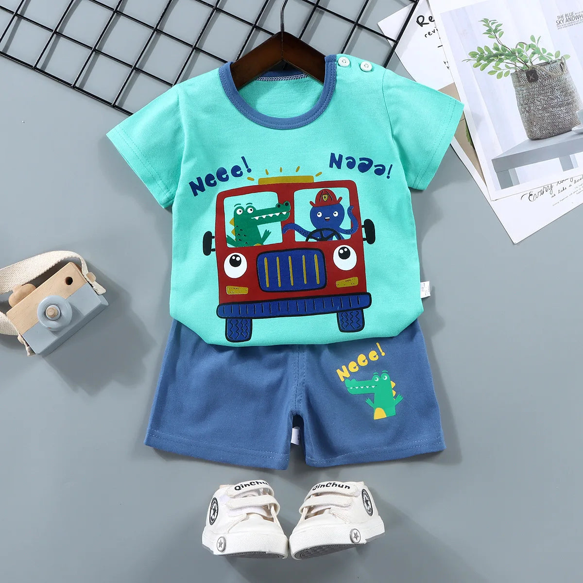 Kids Pure Cotton Summer Set - Cartoon T-Shirt & Shorts 2-Piece