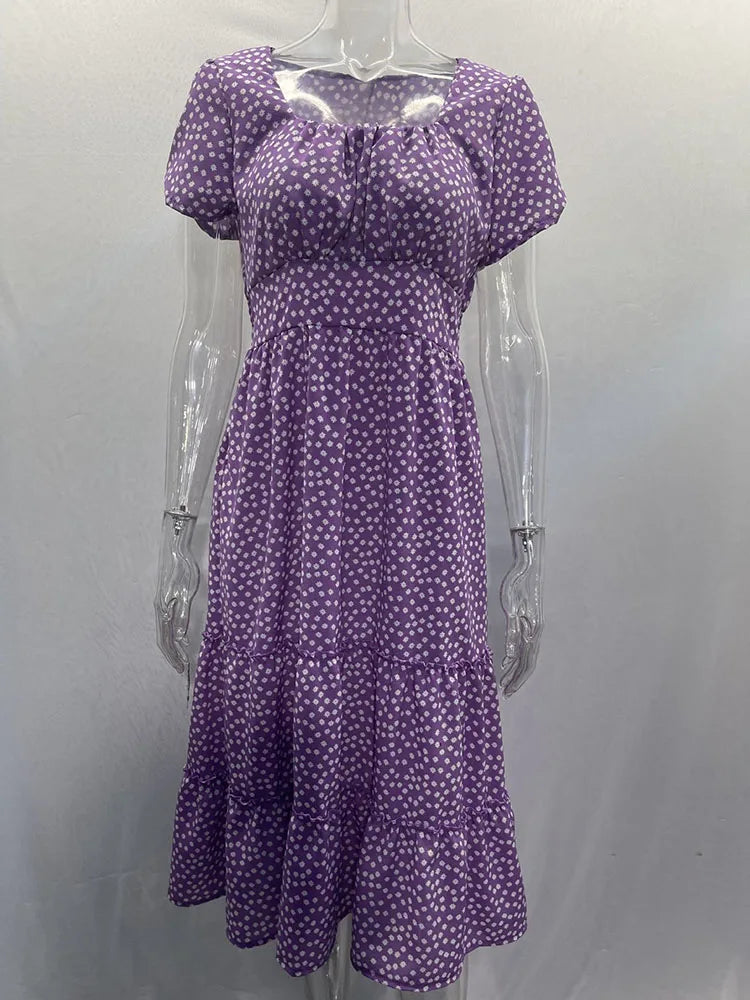 Floral Square Collar Puff Sleeve Midi Dress | A-Line Ruffle Women's Summer Party Dress