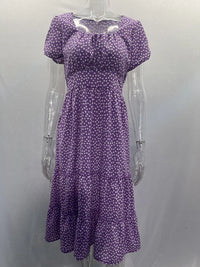 Floral Square Collar Puff Sleeve Midi Dress | A-Line Ruffle Women's Summer Party Dress