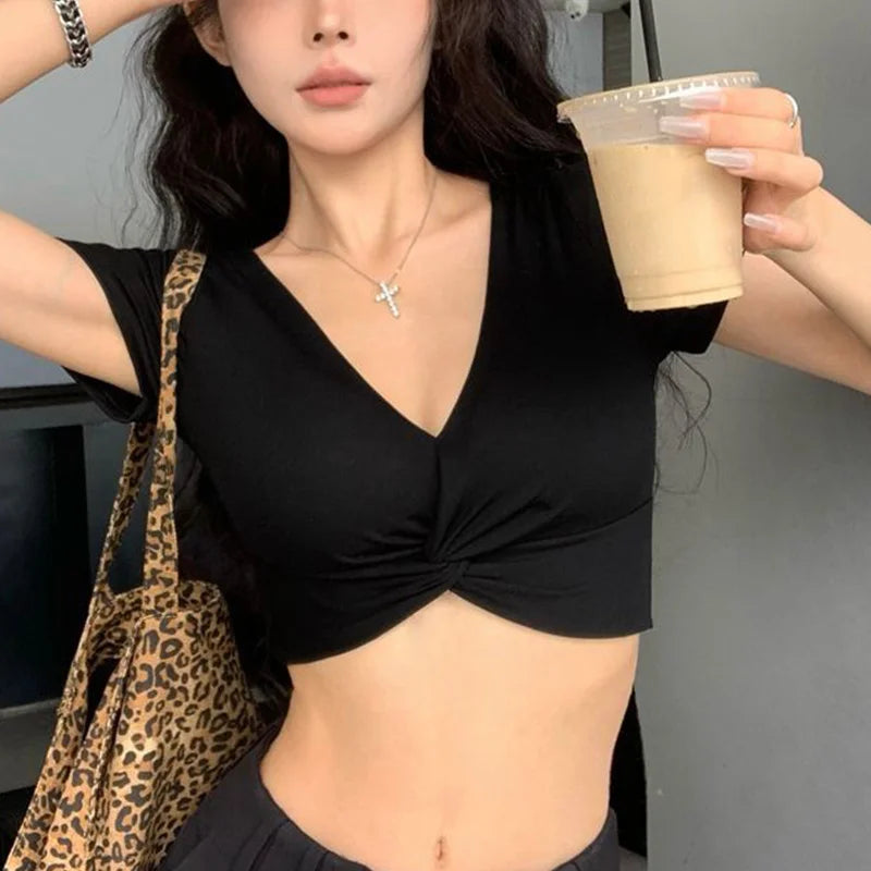 Y2K Twist Front V-Neck Slim Crop Tee – Solid Short Sleeve Women's Streetwear Top