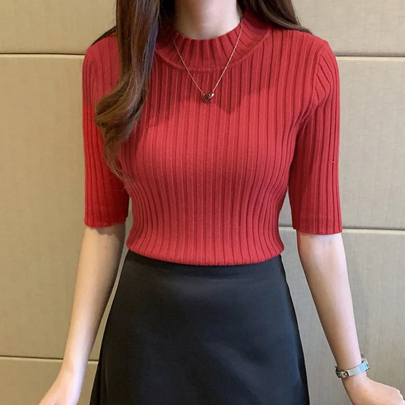 Half High Collar Short Sleeve Knit Pullover – Solid Women's Blouse
