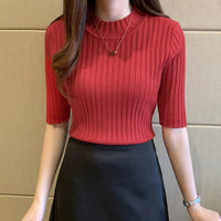 Half High Collar Short Sleeve Knit Pullover – Solid Women's Blouse