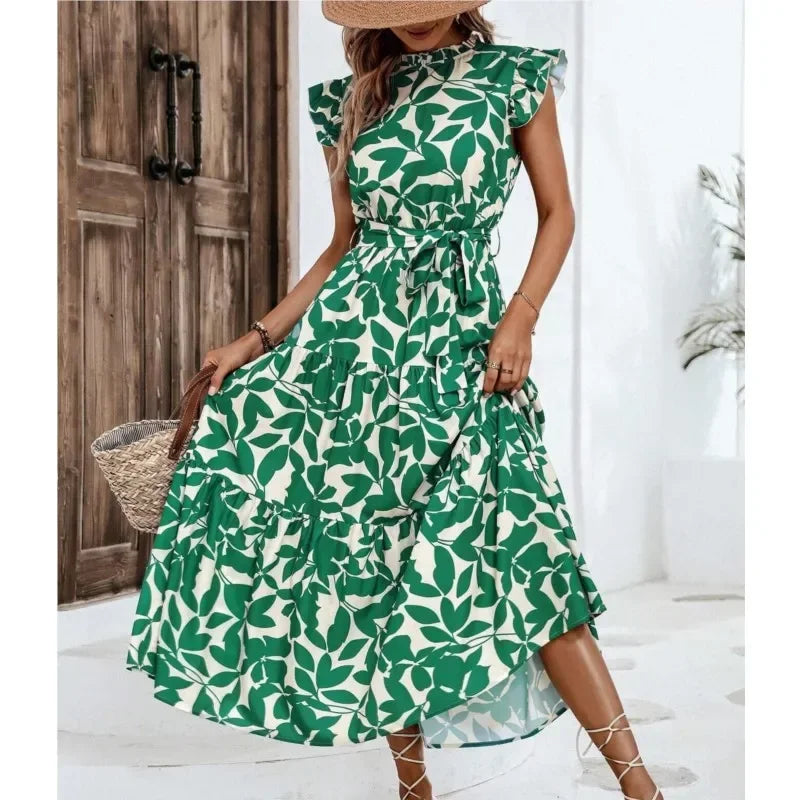 Floral Flying Sleeve Lace-Up Fairy Dress | A-Line Midi Women's Summer Dress