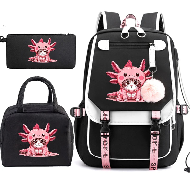 Mochila Escolar Anime Boba Axolotl con Lonchera y Estuche - Set 3 Piezas para Adolescentes
