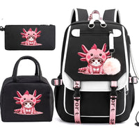 Mochila Escolar Anime Boba Axolotl con Lonchera y Estuche - Set 3 Piezas para Adolescentes