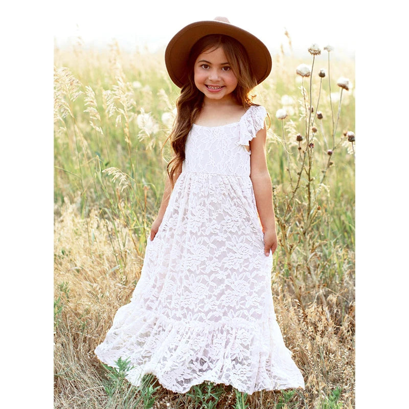 Lace Flower Applique Backless Gown – Elegant Girls' Party & Wedding Dress Ages 2–12