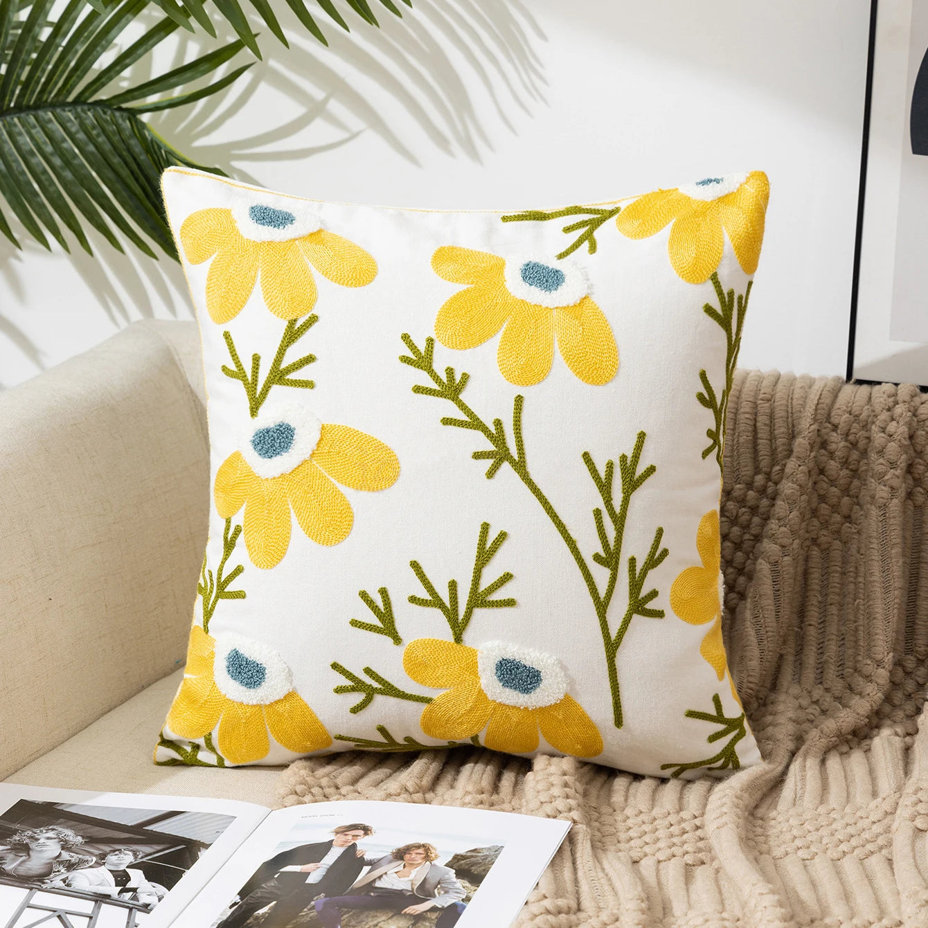 Floral Embroidered Cotton Pillow Cover - Rustic Decorative Cushion Case
