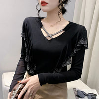 Korean Mesh Ruffle Top with Hot Diamonds | Long Sleeve Slim Fit Women's Shirt