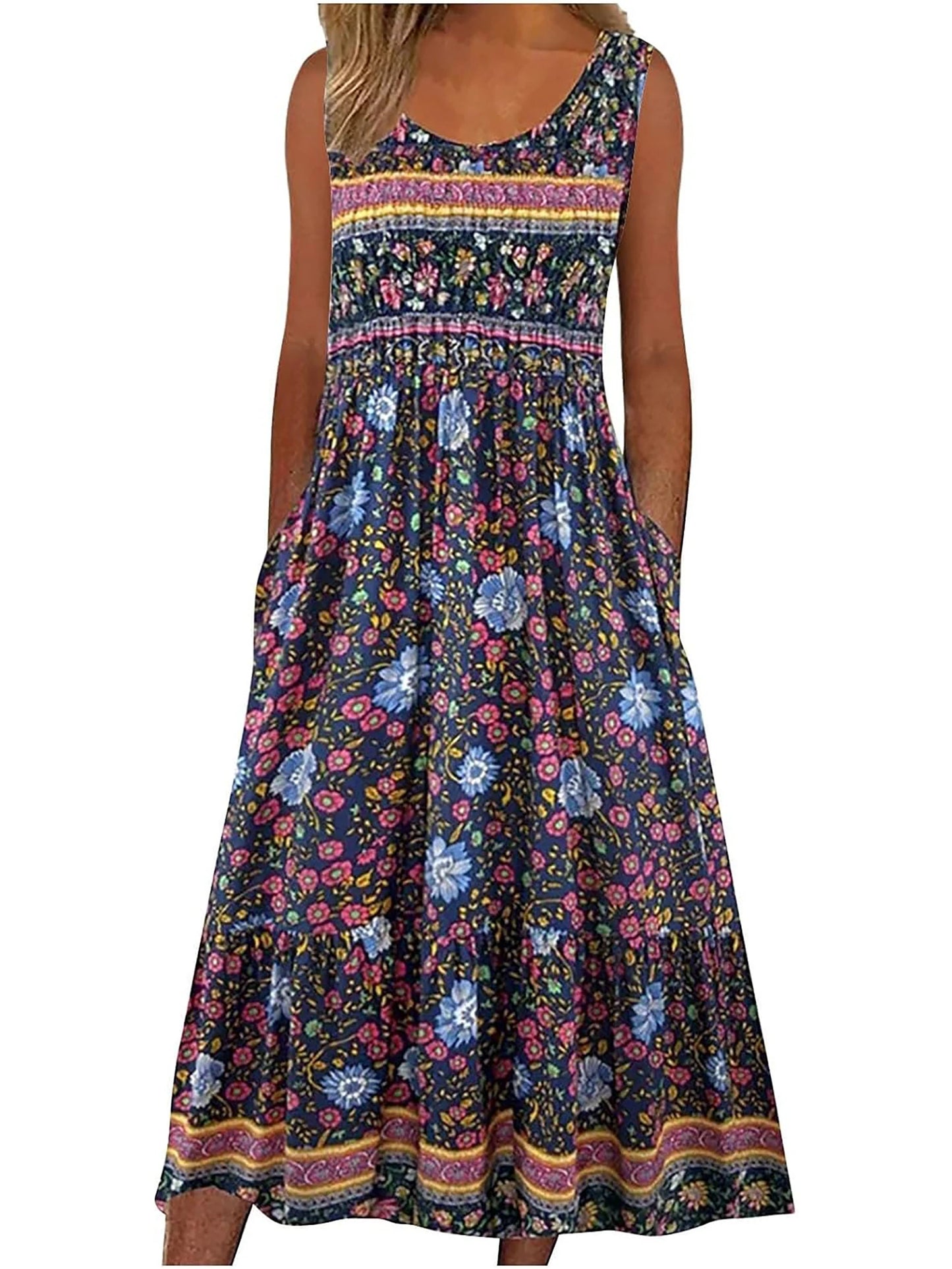 Bohemian Floral Sleeveless Midi Sundress with Pockets | Loose Casual Beach Women's Dress