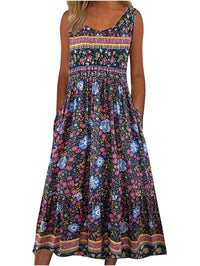Bohemian Floral Sleeveless Midi Sundress with Pockets | Loose Casual Beach Women's Dress