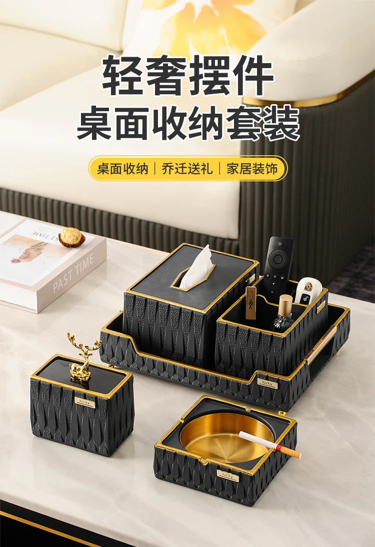 Luxury Resin Desktop Organizer – Ashtray & Tissue Box with Metal Trim