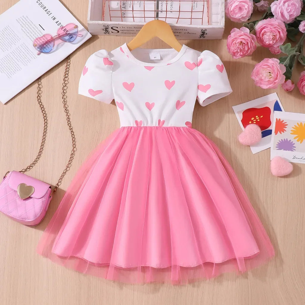 Heart Print Mesh A-Line Dress – Sweet Princess Summer Dress for Girls Ages 2–7
