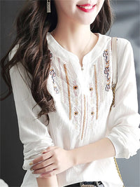 Embroidered V-Neck Blouse - White Long Sleeve Top