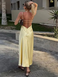 Vestido Satinado Amarillo Mujer - Maxi Vestido Cuello V Sin Mangas para Fiesta y Vacaciones