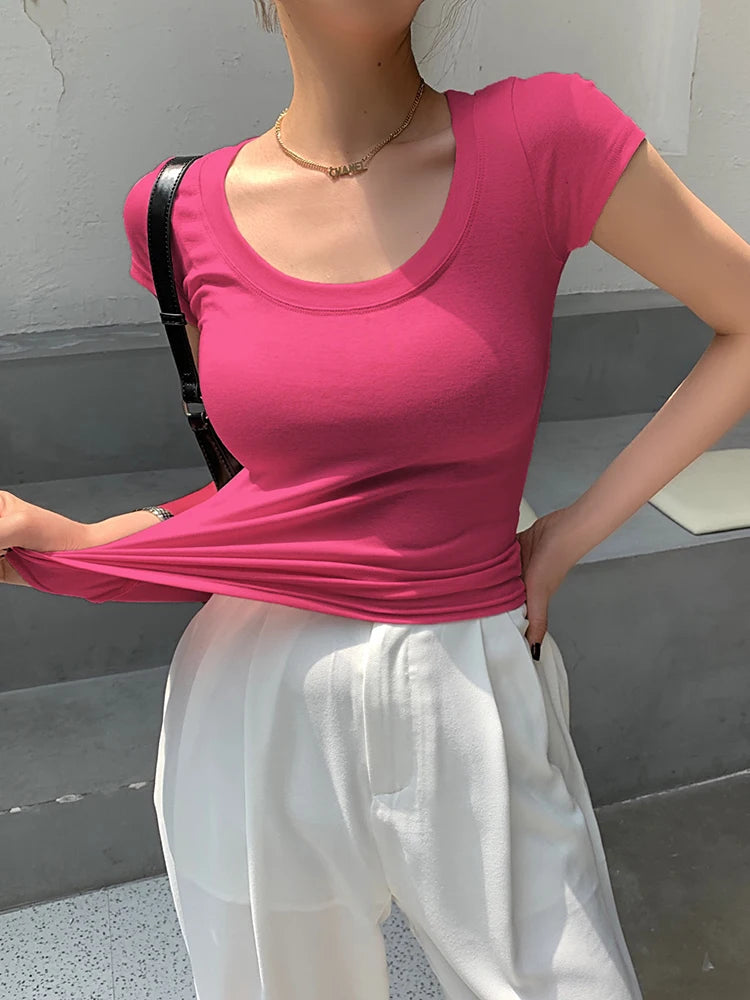 Camiseta Mujer 100% Algodón - Cuello Redondo Slim Fit Básica Coreana Verano 2025