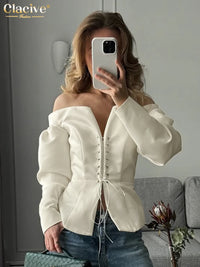 Blusa Elegante Beige con Cordones - Cuello Slash Manga Larga para Mujer