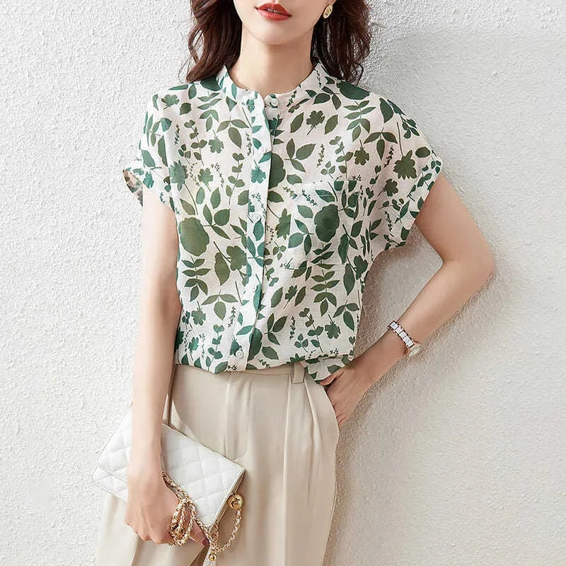 Floral Print Stand Collar Short Sleeve Blouse – Casual Women's Summer Top
