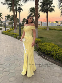 Verngo Yellow Chiffon Evening Dress - Off Shoulder Mermaid Gown with Slit